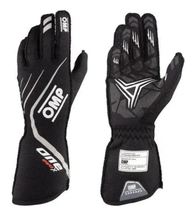 OMP One Evo X racing gloves, black with white branding, grey accents, patterned grip palms and long cuffs