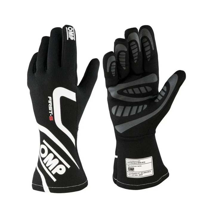 OMP First-S inspired black racing gloves front and back view