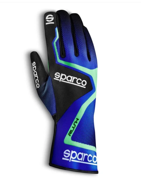 Blue and black Sparco Rush kart glove showing Sparco branding and extended cuff