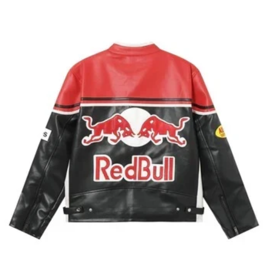 Back view of a red and black vintage-inspired motorsport jacket