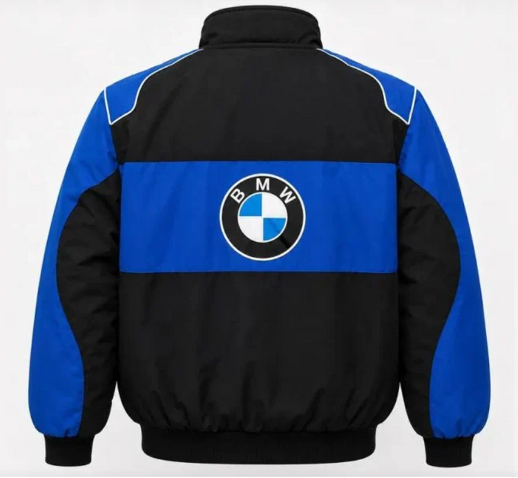 Back of blue and black racing-style jacket