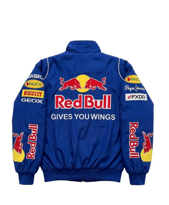Back view of royal blue Red Bull racing-inspired jacket