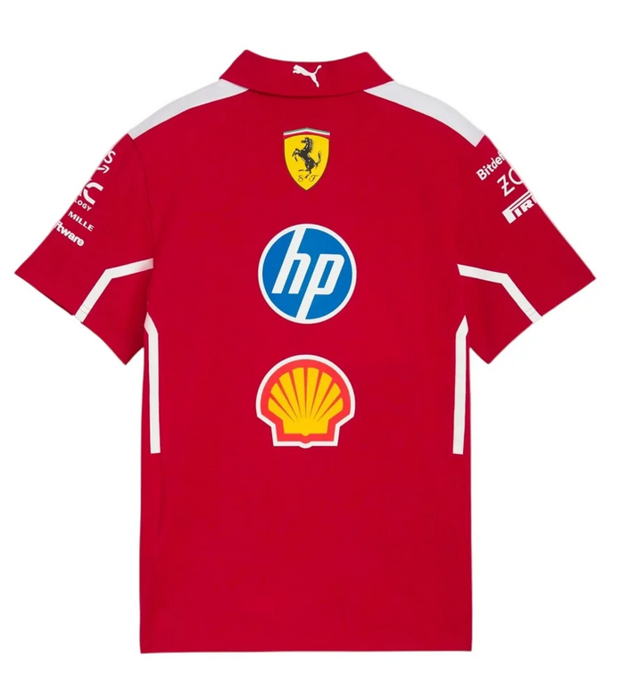 Back view of red Ferrari polo with Ferrari shield, HP and Shell graphics
