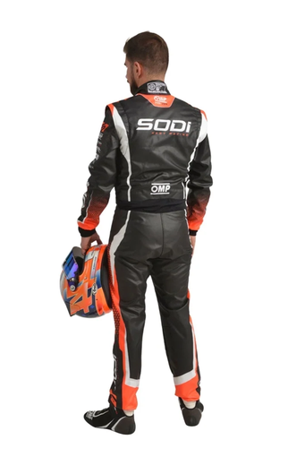 Back view of black, orange and white Sodi-inspired karting suit