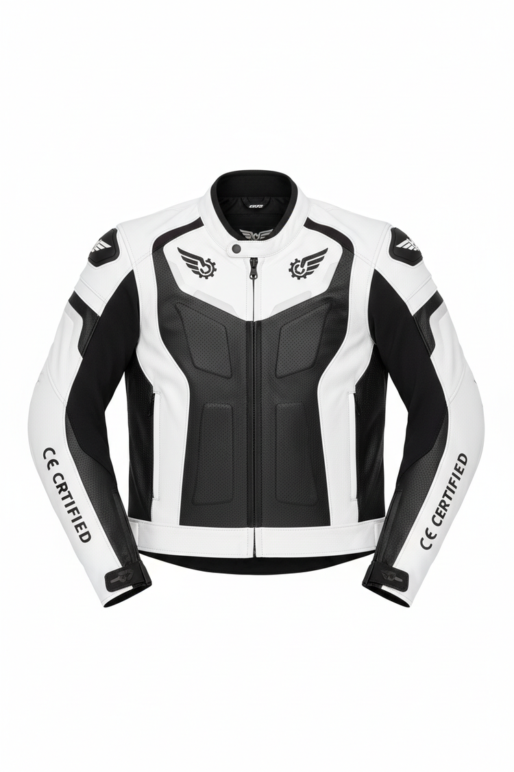 White & Black Sport Motorcycle Leather Jacket with CE Level 2 armor and perforated leather panels