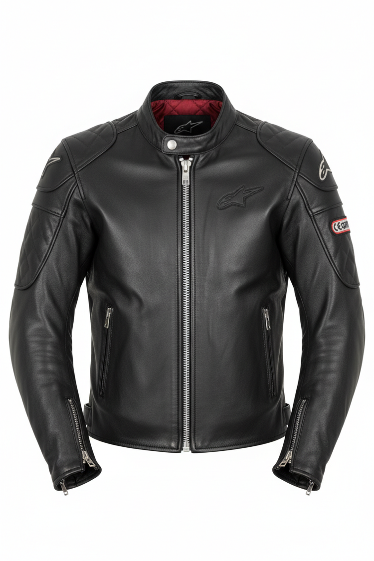 Classic black motorcycle leather jacket with CE Level 2 armor, ventilation panels, and removable thermal liner for durable riding protection