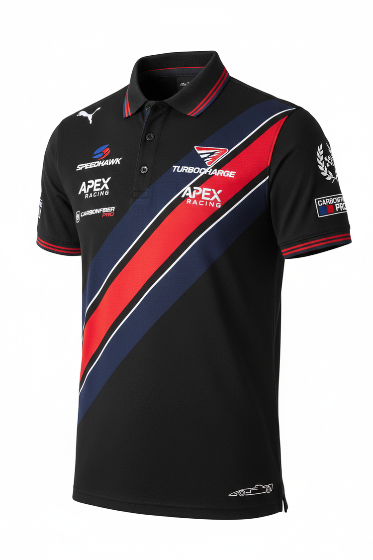F1 Style Racing Polo in red and navy inspired by Crimson Bull, breathable and regular fit