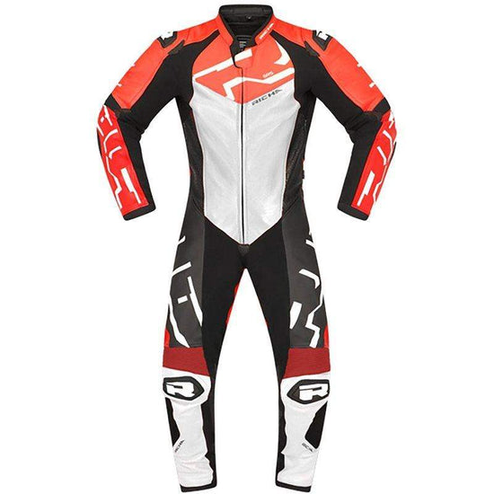 Richa Stradale one piece red and white motorcycle leather suit with CE armor and ergonomic fit