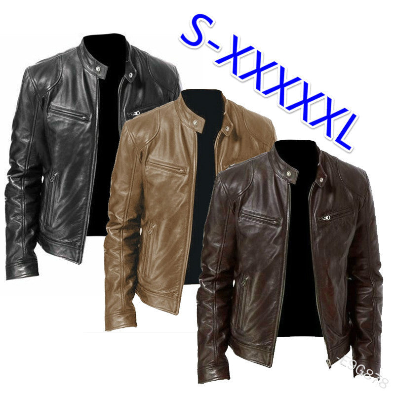 Fashion Mens Leather Jacket Slim Fit Stand Collar PU Jacket Male