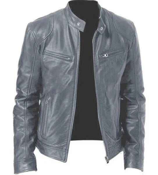 Fashion Mens Leather Jacket Slim Fit Stand Collar PU Jacket Male