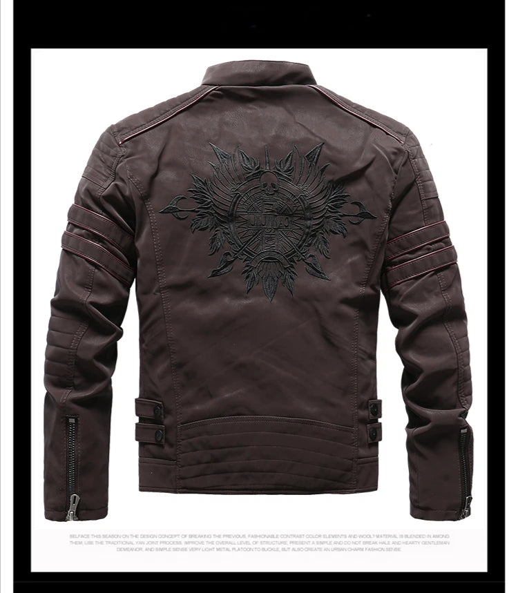 Winter Leather Jacket Fleece Warm Causal Motorcycle Embroidery PU Coats