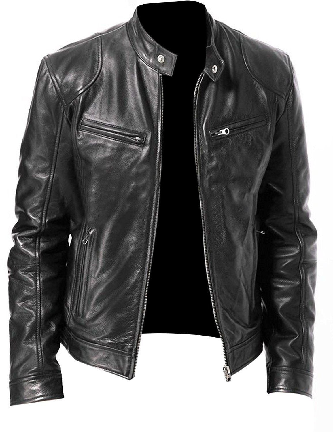 Fashion Mens Leather Jacket Slim Fit Stand Collar PU Jacket Male