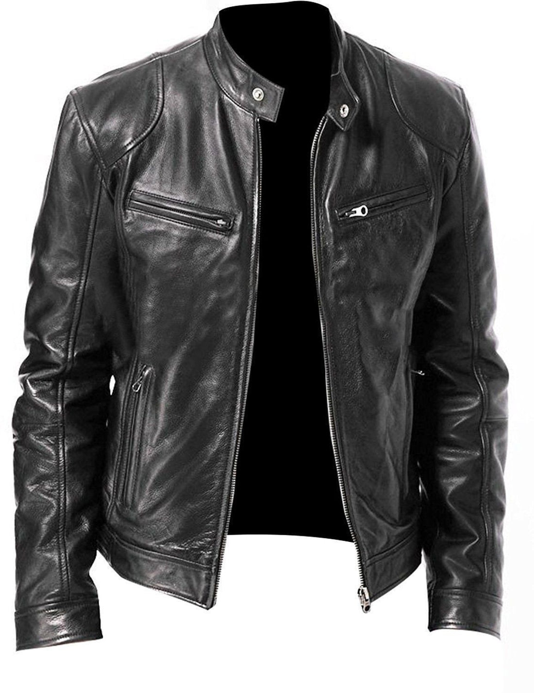 Fashion Mens Leather Jacket Slim Fit Stand Collar PU Jacket Male