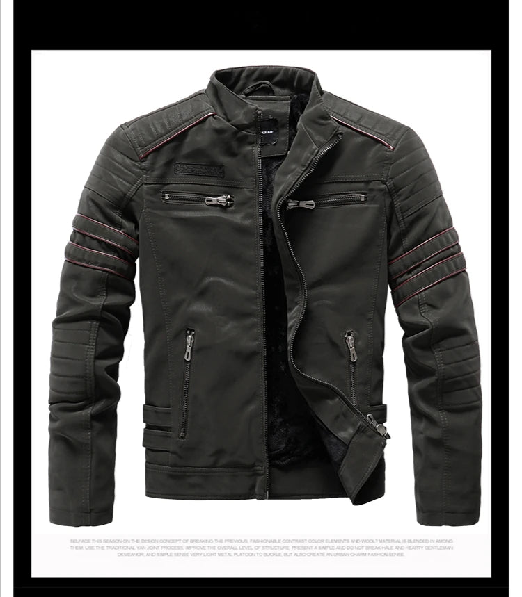 Winter Leather Jacket Fleece Warm Causal Motorcycle Embroidery PU Coats