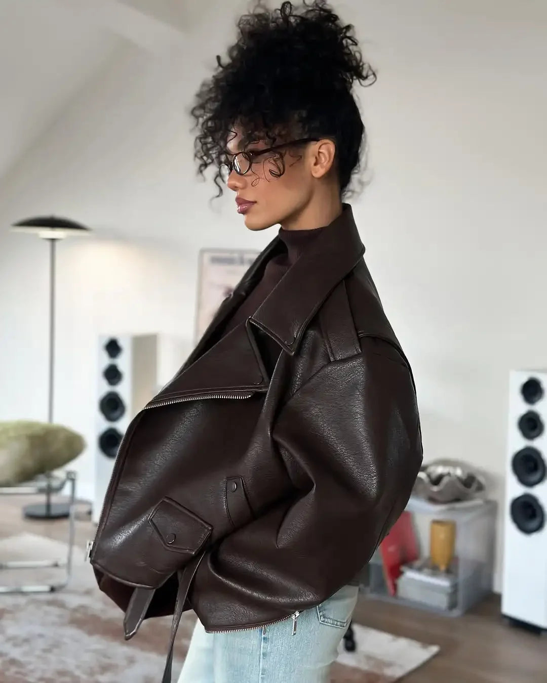 Casual Dark Red Zipper Leather Short Jackets Women Coat Lady