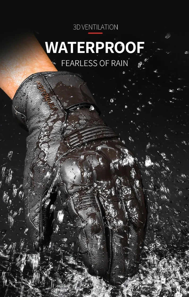 Motorcycle Gloves Winter Waterproof Leather Touchscreen Black - Race Blaze