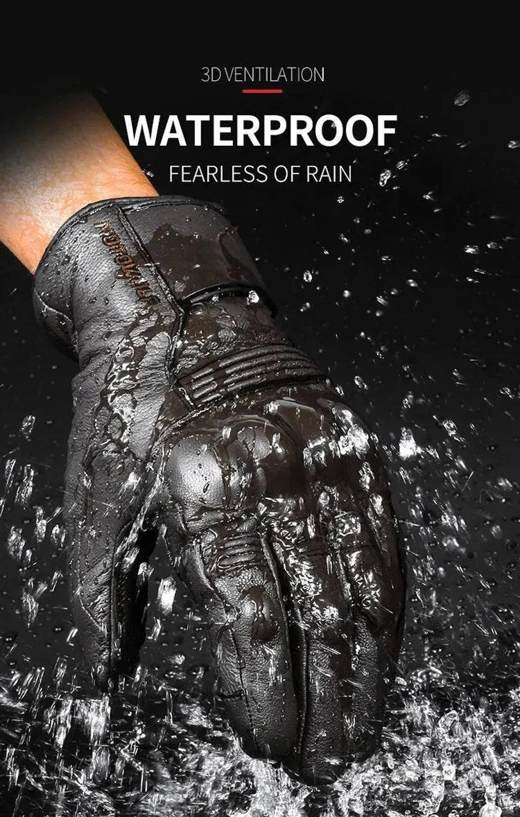 Motorcycle Gloves Winter Waterproof Leather Touchscreen Black - Race Blaze
