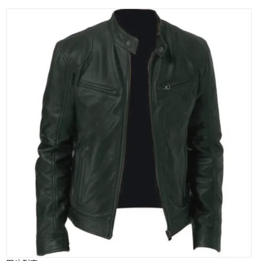 Fashion Mens Leather Jacket Slim Fit Stand Collar PU Jacket Male