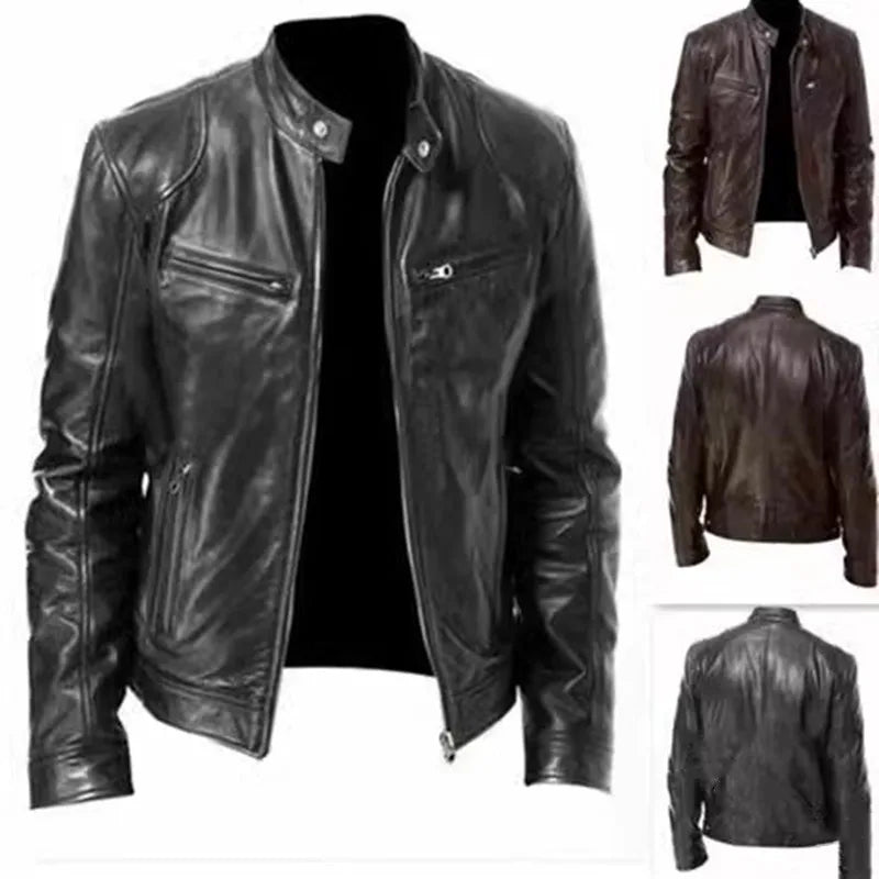 Fashion Mens Leather Jacket Slim Fit Stand Collar PU Jacket Male