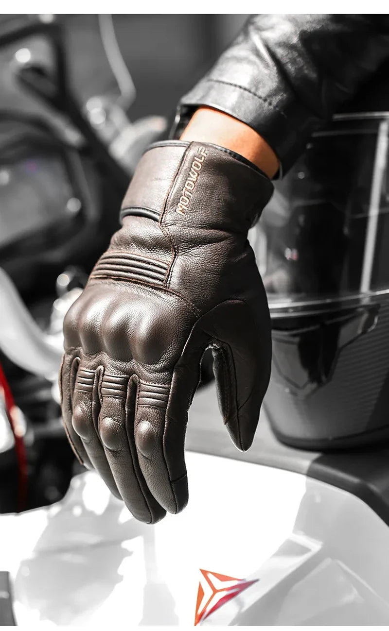 Motorcycle Gloves Winter Waterproof Leather Touchscreen Black - Race Blaze