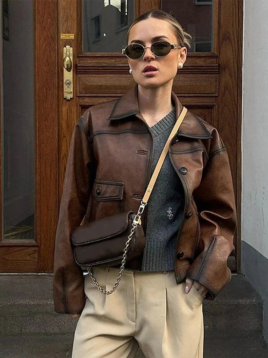 Vintage leather jacket for women single-breasted short coat with classic streetwear style