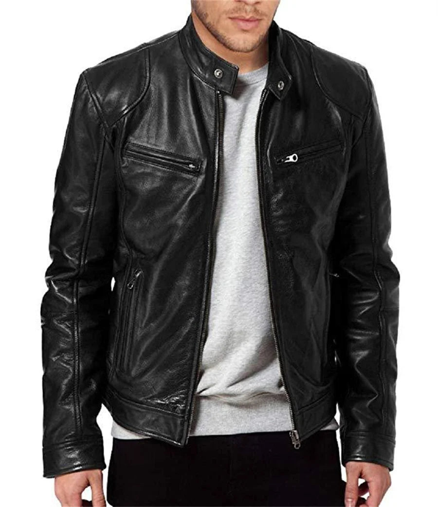 New Leather Motorcycle Jacket Men Slim Fit Stand Collar PU Coats