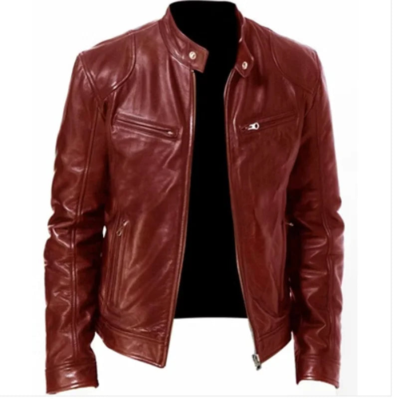 Fashion Mens Leather Jacket Slim Fit Stand Collar PU Jacket Male