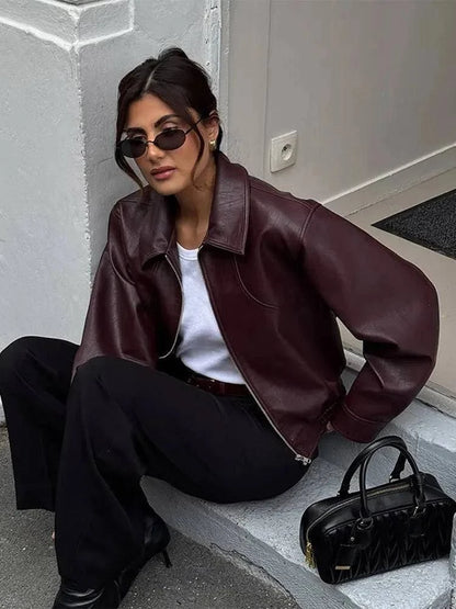 Casual Dark Red Zipper Leather Short Jacket Women  - Race Blaze
