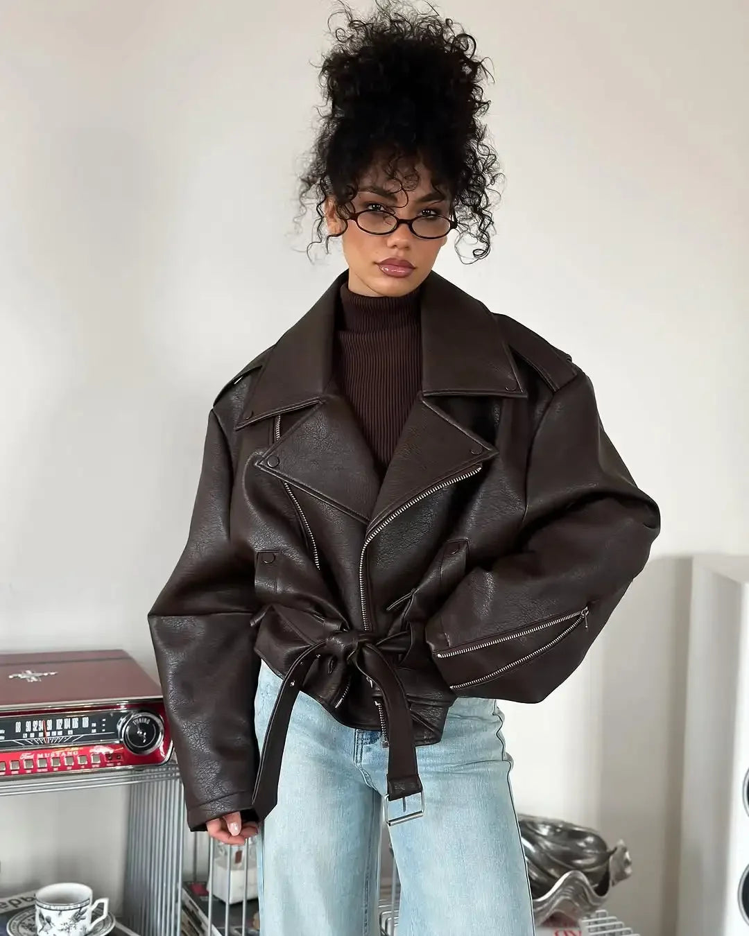 Casual Dark Red Zipper Leather Short Jackets Women Coat Lady