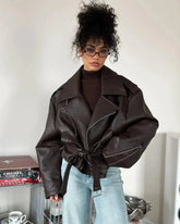 Casual Dark Red Zipper Leather Short Jacket Women  - Race Blaze
