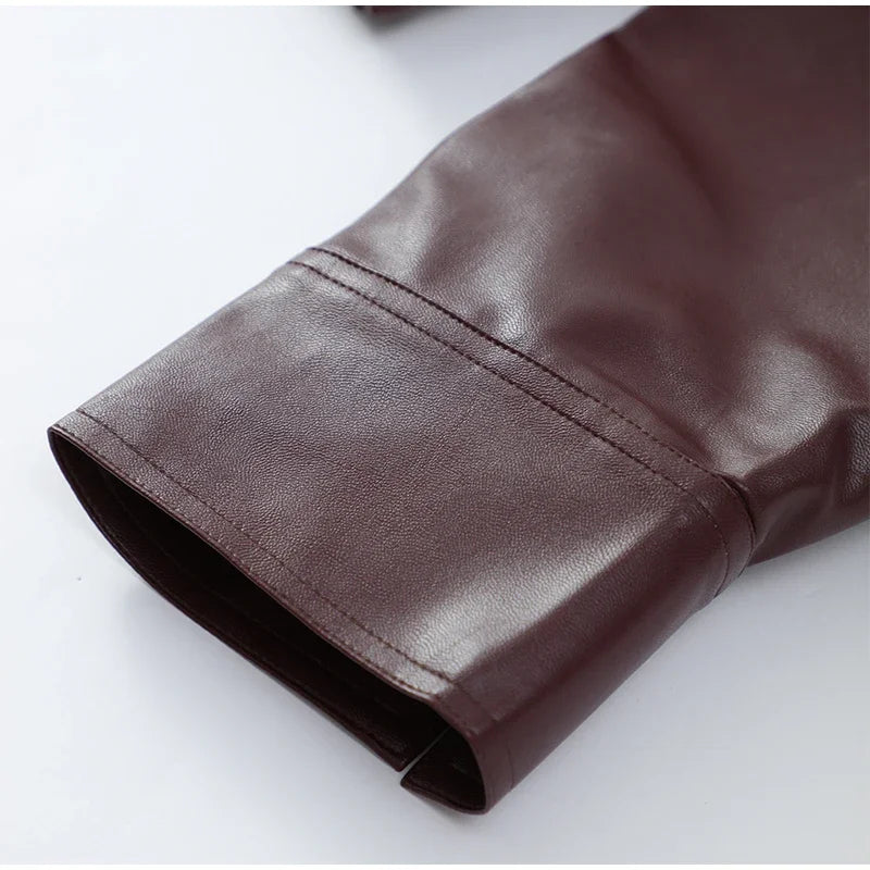 Casual Dark Red Zipper Leather Short Jackets Women Coat Lady