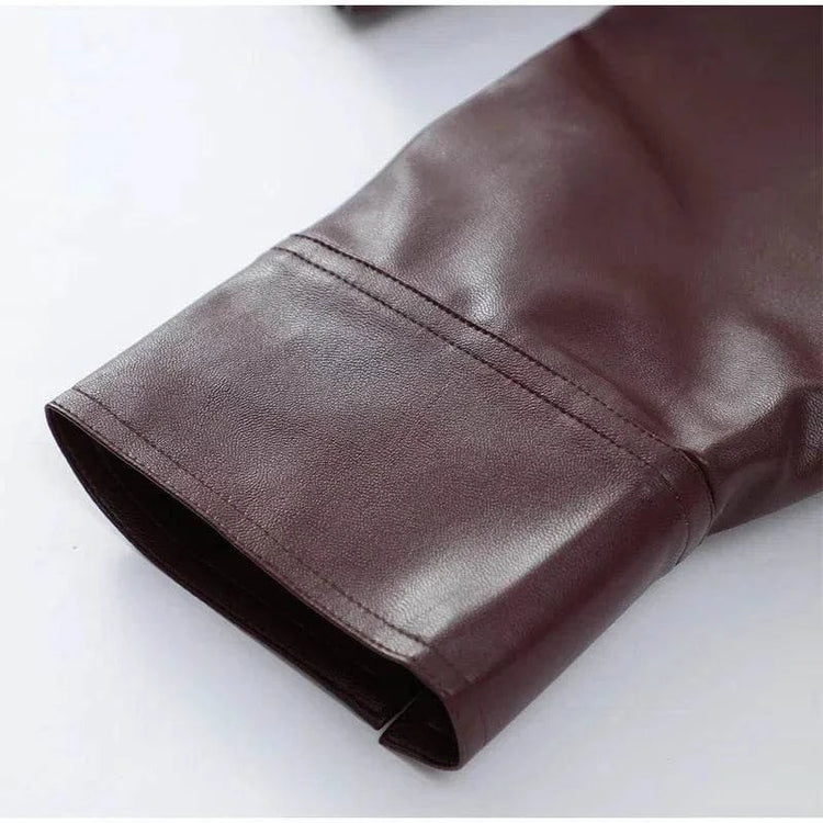 Casual Dark Red Zipper Leather Short Jacket Women  - Race Blaze