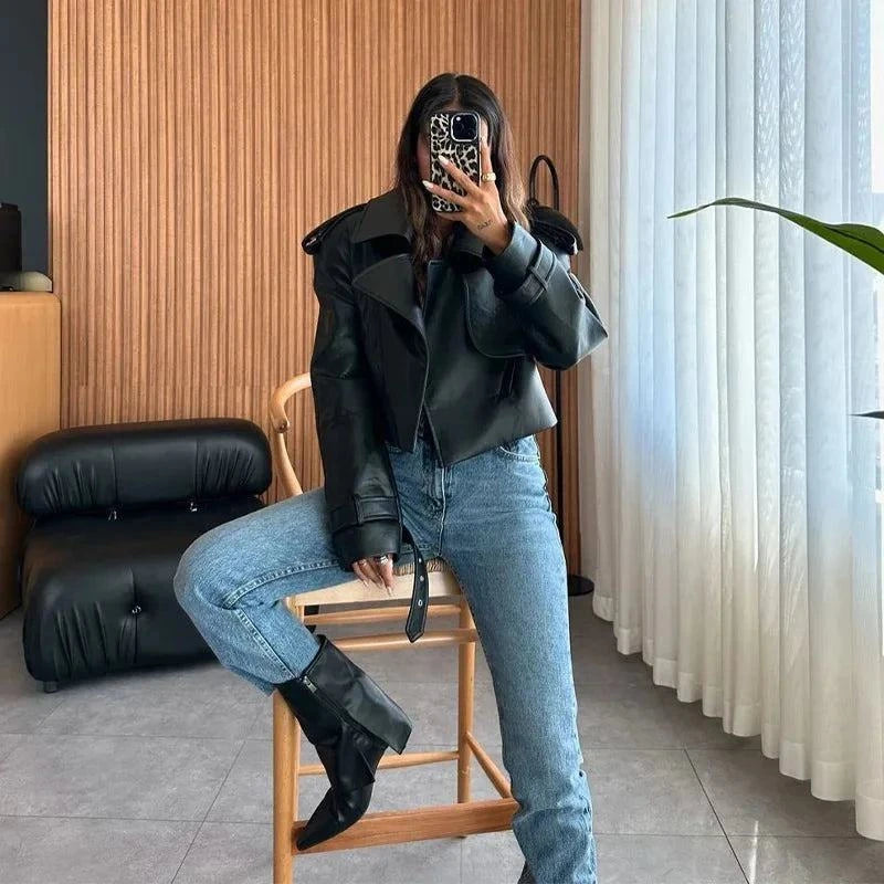 Vintage Leather Jacket Women Single Breasted Short Black - Race Blaze