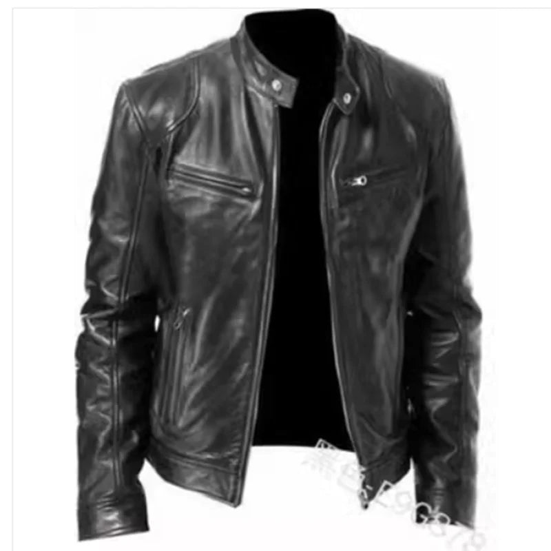 Fashion Mens Leather Jacket Slim Fit Stand Collar PU Jacket Male