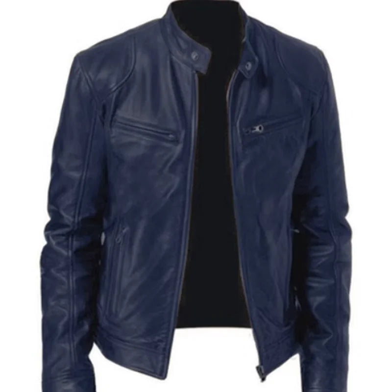 Fashion Mens Leather Jacket Slim Fit Stand Collar PU Jacket Male