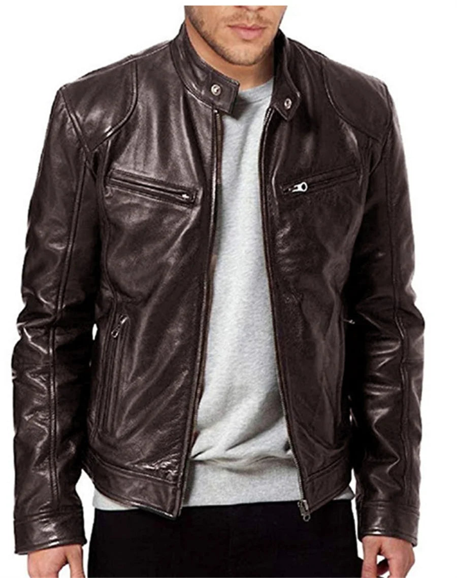 New Leather Motorcycle Jacket Men Slim Fit Stand Collar PU Coats
