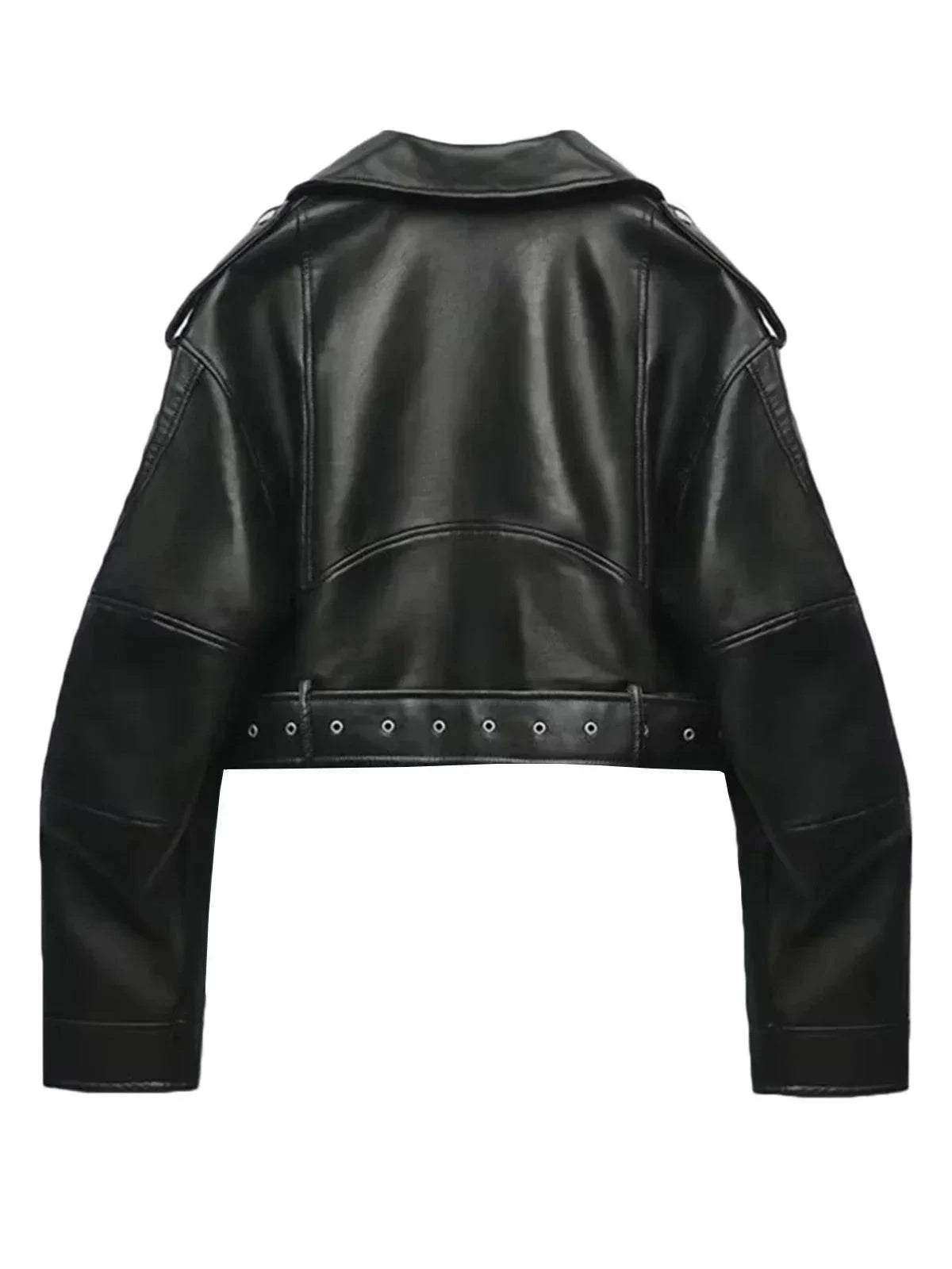 Women Oversized Vintage Loose Faux Leather Short Jacket Dark Hair Model - Race Blaze