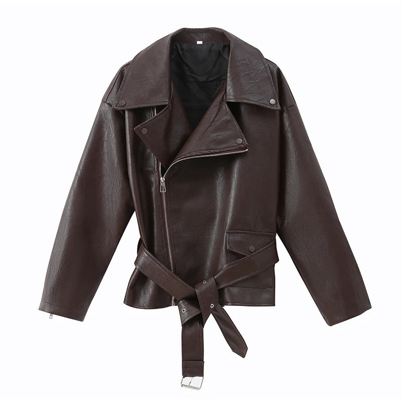 Casual Dark Red Zipper Leather Short Jackets Women Coat Lady