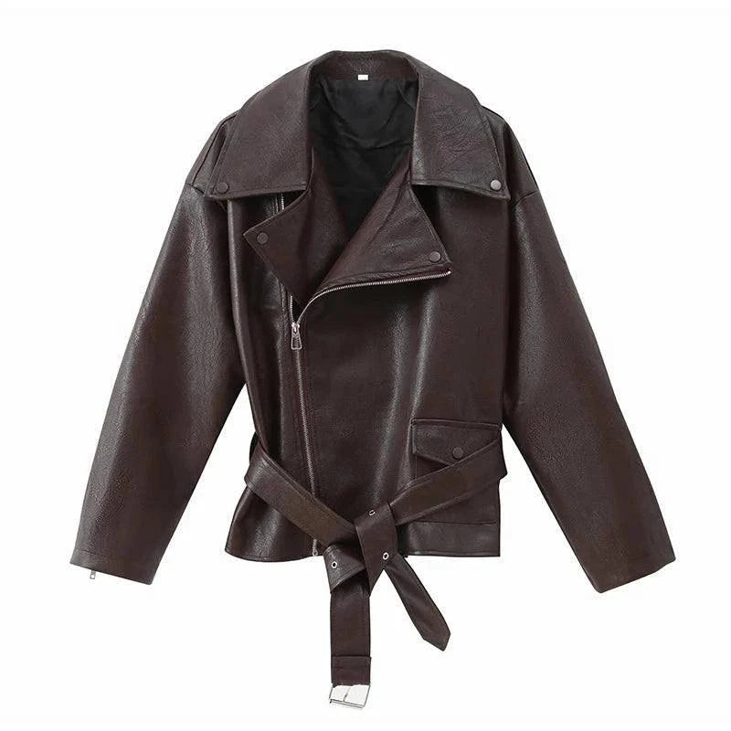 Casual Dark Red Zipper Leather Short Jacket Women  - Race Blaze