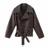 Casual Dark Red Zipper Leather Short Jacket Women  - Race Blaze