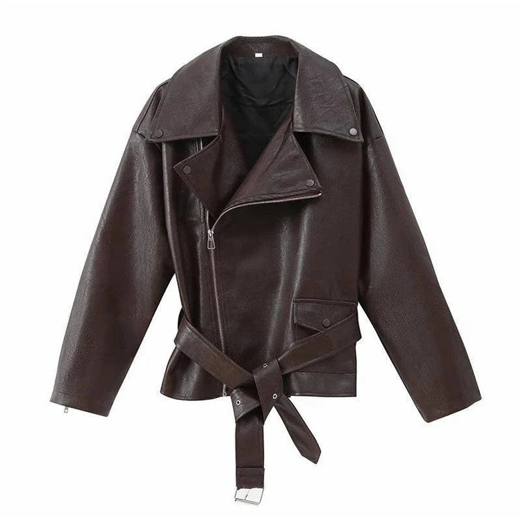 Casual Dark Red Zipper Leather Short Jacket Women  - Race Blaze