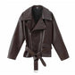 Casual Dark Red Zipper Leather Short Jacket Women  - Race Blaze