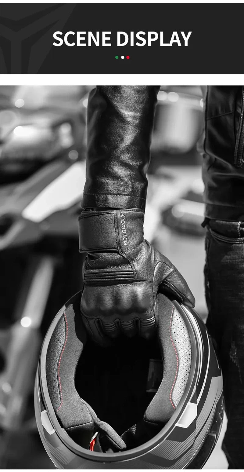 Motorcycle Gloves Winter Waterproof Leather Touchscreen Black - Race Blaze