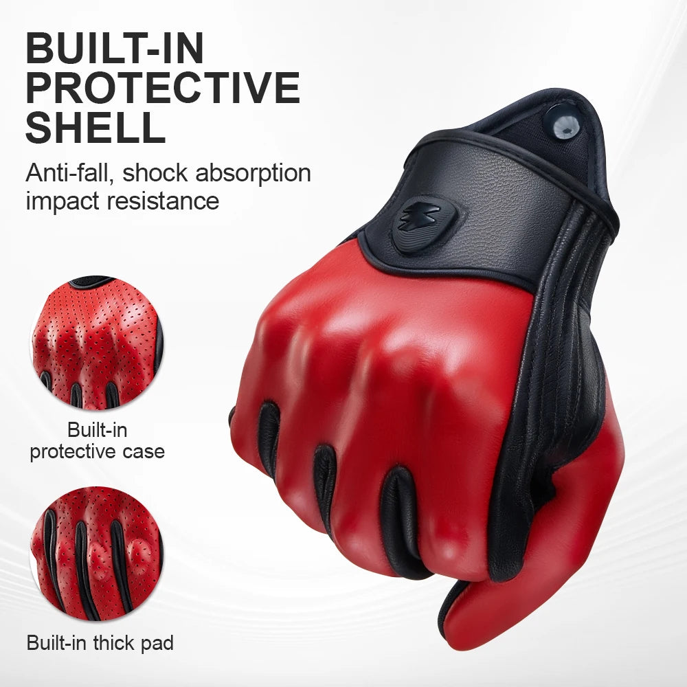 Retro Red Leather Motorcycle Gloves Breathable Racing Gloves