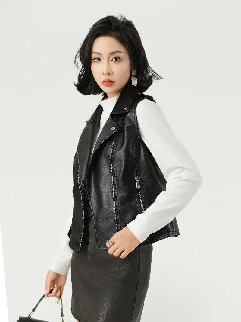 Fashion suit lapel leather vest women's versatile motorcycle jacket