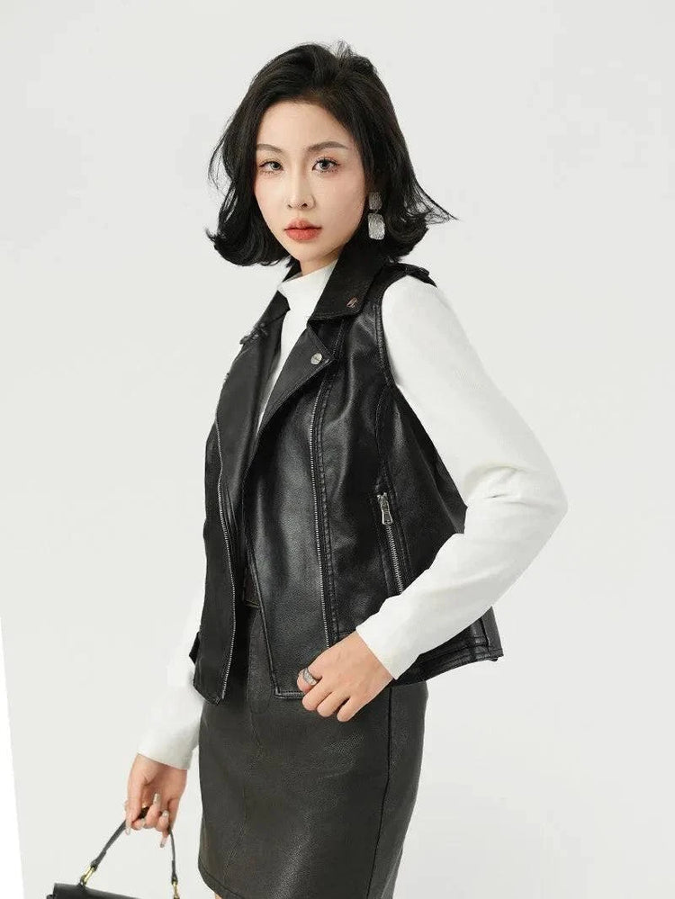Fashion Suit Lapel Leather Vest Women Motorcycle Jacket On Model Front - Race Blaze