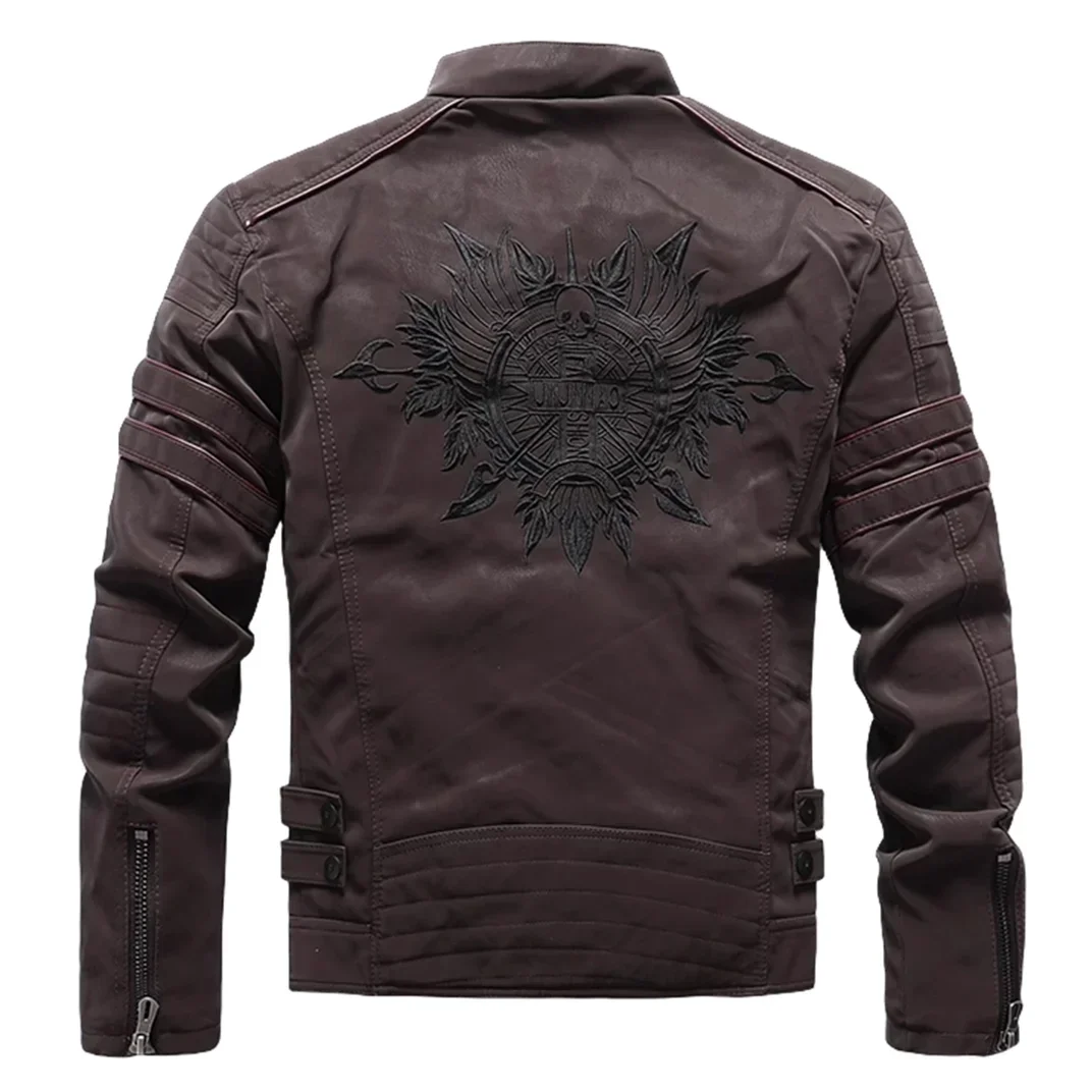 Winter Leather Jacket Fleece Warm Causal Motorcycle Embroidery PU Coats