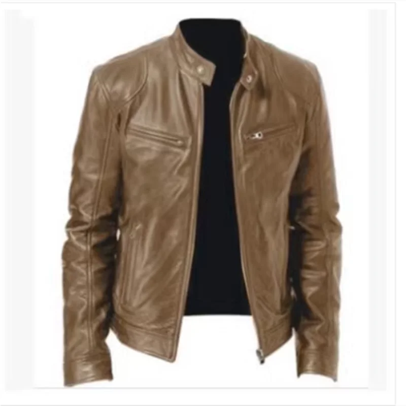 Fashion Mens Leather Jacket Slim Fit Stand Collar PU Jacket Male