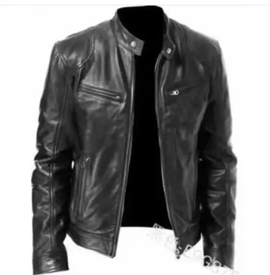 Fashion Mens Leather Jacket Slim Fit Stand Collar PU Jacket Male