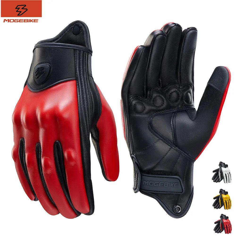 Retro Red Leather Motorcycle Gloves Breathable Racing Gloves
